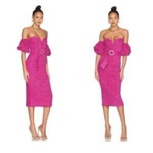 MAJORELLE Penelope Midi Dress S Hot Pink Off-Shoulder Puff Sleeves Belted Sexy